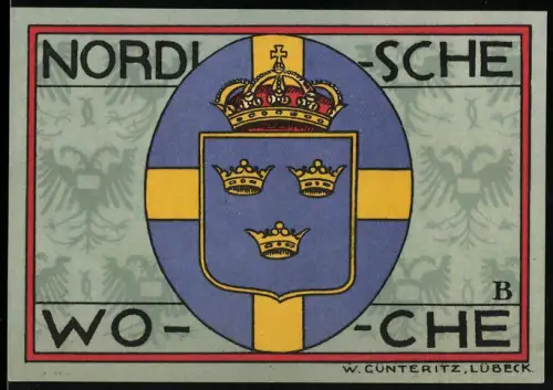 Notgeld Lübeck 1921, 50 Pfennig, Ortsansicht mit Türmen und Krone mit drei Kronen im Wappen Schweden