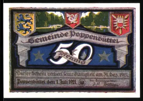 Notgeld Poppenbüttel 1921, 50 Pfennig, Landschaft mit Teich und Wappen