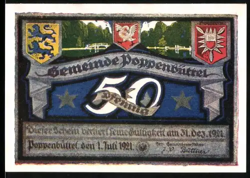 Notgeld Poppenbüttel 1921, 50 Pf, Wappen und Park zur Alsterschleuse