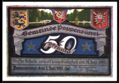 Notgeld Poppenbüttel 1921, 50 Pfennig, Landschaft und Wappen von Poppenbüttel vor 100 Jahren