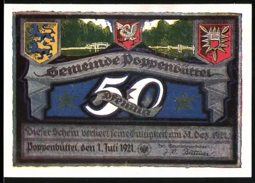 Notgeld Poppenbüttel 1921, 50 Pfennig, Landschaft an der Alster, Wappen der Region