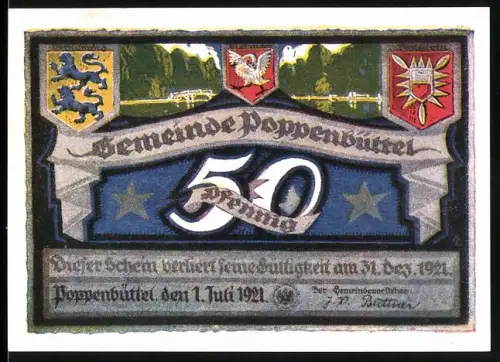 Notgeld Poppenbüttel 1921, 50 Pfennig, Landschaft mit Wappen und Waldszene
