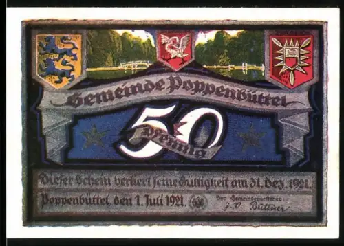 Notgeld Poppenbüttel 1921, 50 Pfennig, Wappen und Hellenburger Schleuse