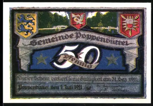 Notgeld Poppenbüttel 1921, 50 Pfennig, Brücke über die Alster, Wappen und Landschaftsszene