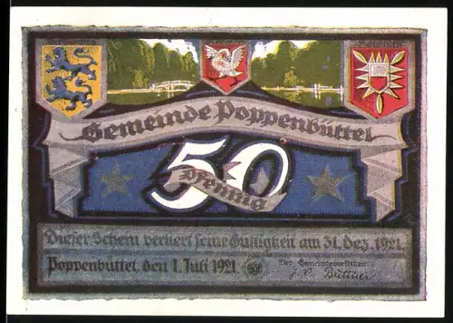 Notgeld Poppenbüttel 1921, 50 Pfennig, Henneberg`s Park und Wappen