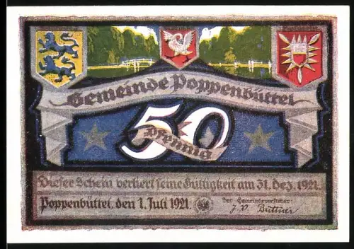 Notgeld Poppenbüttel 1921, 50 Pfennig, Wappen und Landschaft mit Alster bei Poppenbüttel