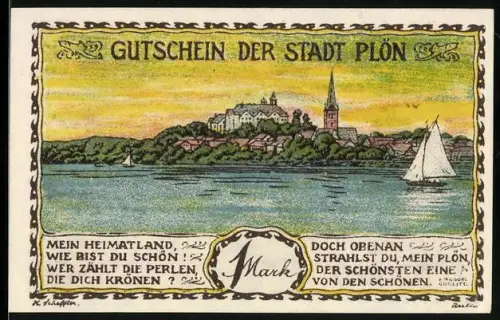 Notgeld Plön 1921, 1 Mark, Ortsansicht mit See und Segelboot, Plöner Wappen