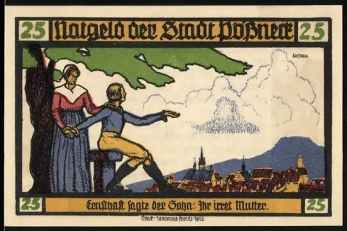 Notgeld Pössneck 1921, 25 Pfennig, Goethe-Motiv mit Ortsansicht und Zitaten aus Hermann und Dorothea
