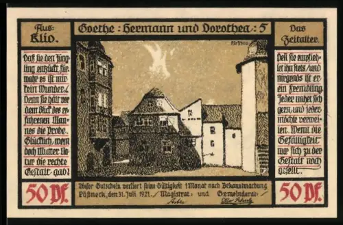 Notgeld Pössneck 1921, 50 Pf, Goethe-Motiv mit Gebäuden und Szenen aus Hermann und Dorothea
