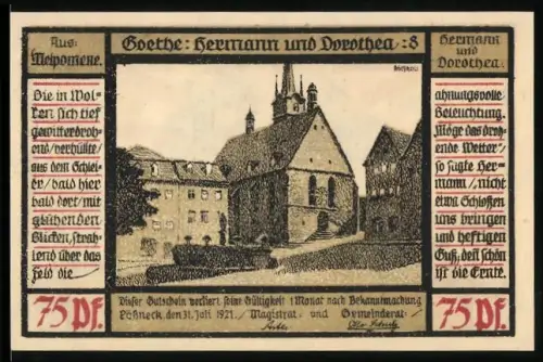 Notgeld Pössneck 1921, 75 Pf, Goethe: Hermann und Dorothea, Gebäudeansicht und Sonnenaufgangsszene