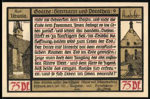Notgeld Pössneck 1921, 75 Pf, Goethe-Motiv mit Szenen aus Hermann und Dorothea