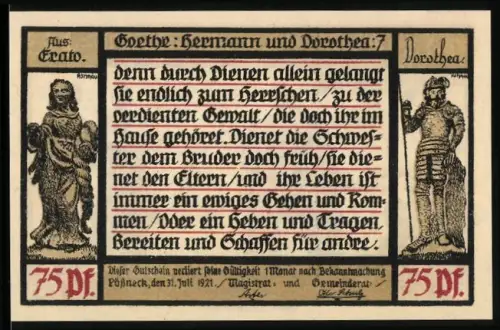 Notgeld Pössneck 1921, 75 Pf, Goethe-Motiv mit Figuren aus Hermann und Dorothea