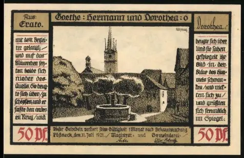 Notgeld Pössneck 1921, 50 Pf, Goethe-Motiv Hermann und Dorothea mit Burg und Paar auf Mauer