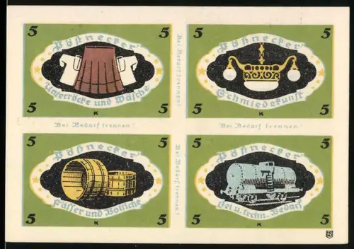 Notgeld Pössneck, 20 Pfennig, Kleidung, Schmiede, Fässer, Waggon, teilbar in 4x 5 Pfennig
