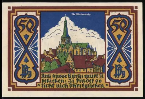 Notgeld Osnabrück 1921, 50 Pfennig, Marienkirche und Stadtwappen mit Löwen und Rad