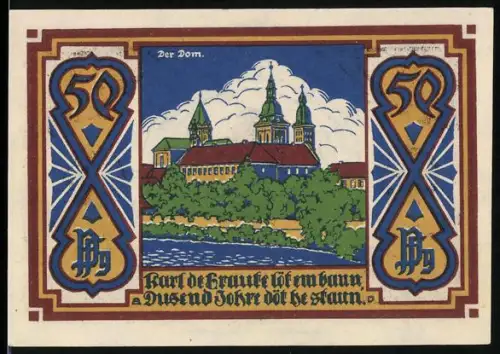 Notgeld Osnabrück 1921, 50 Pfennig, Domansicht und Stadtwappen mit zwei Löwen