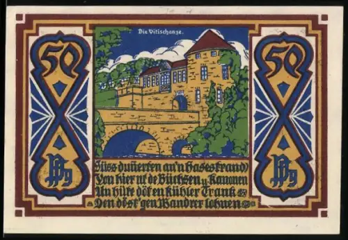 Notgeld Osnabrück 1921, 50 Pfennig, Vierschanzenturm und Stadtwappen mit Löwen und Rad