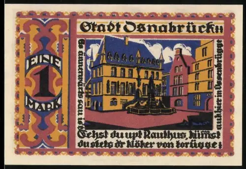 Notgeld Osnabrück 1921, 1 Mark, Rathaus und Stadtwappen mit zwei Figuren