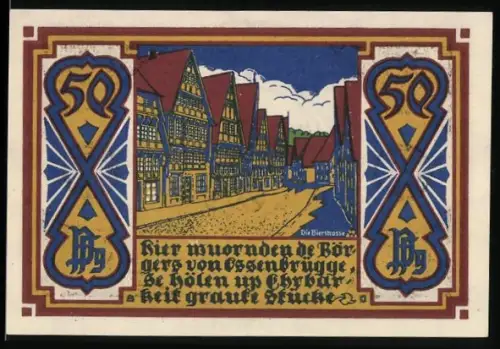 Notgeld Osnabrück 1921, 50 Pfennig, Fachwerkhäuser und Stadtwappen mit Löwen