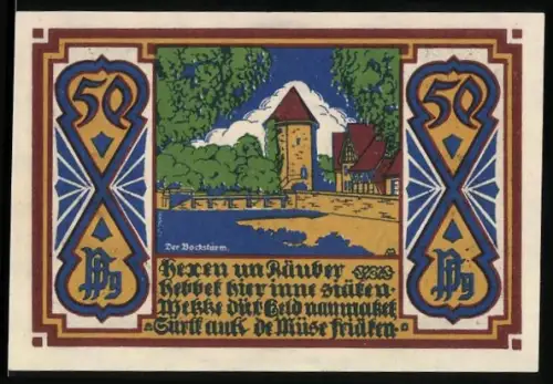 Notgeld Osnabrück 1921, 50 Pfennig, Turm und Stadtwappen mit zwei Figuren