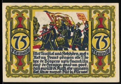 Notgeld Osnabrück, 75 Pfennig, historischer Umzug mit Trommlern und Stadtwappen mit zwei Löwen