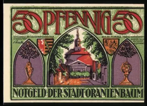 Notgeld Oranienbaum 1922, 50 Pfennig, Kirche und Fürstin Henriette Katharina mit Orangenmuster