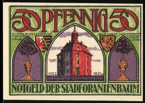 Notgeld Oranienbaum 1921, 50 Pfennig, Gebäude und Porträt von Prinzessin Katharina von Oranien