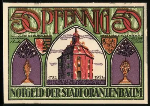 Notgeld Oranienbaum 1921, 50 Pfennig, Gebäude und Porträt Fürst Leopold von Anhalt mit floralen Verzierungen
