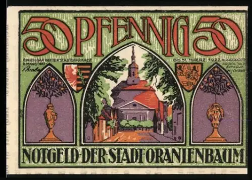Notgeld Oranienbaum 1921, 50 Pfennig, Kirche und Portrait Fürst Leopold von Anhalt mit Blumenornamenten