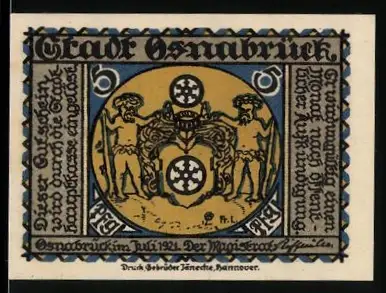 Notgeld Osnabrück 1921, 5 Pfennig, Stadtwappen mit zwei Figuren und Lyradenkmal im Wald