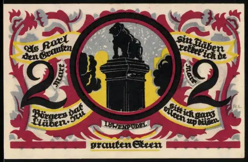 Notgeld Osnabrück 1921, 2 Mark, Löwenpudel und Stadtwappen mit zwei Figuren
