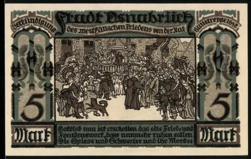 Notgeld Osnabrück, 5 Mark, Verkündung des westfälischen Friedens, Stadtwappen mit zwei Löwen