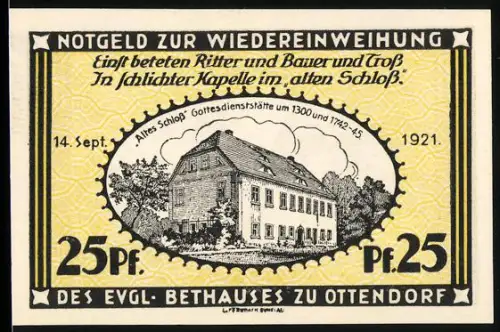 Notgeld Ottendorf 1921, 25 Pf, Altes Schloss und Kirchenlandschaft
