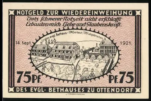 Notgeld Ottendorf 1921, 75 Pf, Wiedereinweihung des evgl. Bethauses, historische Gebäudeansichten