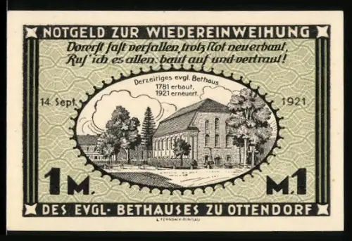 Notgeld Ottendorf 1921, 1 Mark, Evangelisches Bethaus und Kirchenplan