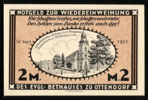 Notgeld Ottendorf 1921, 2 Mark, Einweihung des evgl. Bethauses, historische Kirchenansicht von 1750