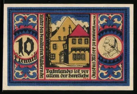 Notgeld Osnabrück 1921, 10 Pfennig, Gebäude und Porträt, Stadtwappen mit Löwen