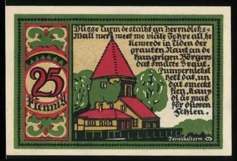 Notgeld Osnabrück, 25 Pfennig, Burgturm und Stadtwappen mit Löwenfiguren