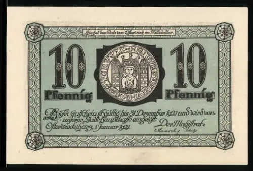 Notgeld Osterwieck a. Harz 1921, 10 Pfennig, Ortsansicht mit Wappen und Eichenlaubornamenten