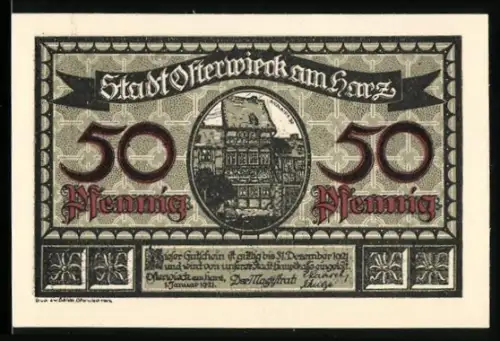 Notgeld Osterwieck a. Harz 1921, 50 Pfennig, Fachwerkhaus und poetischer Text mit Wappen