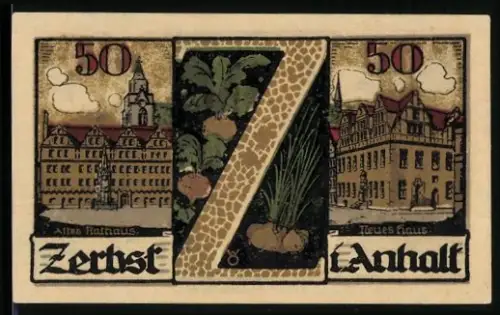 Notgeld Zerbst /Anhalt 1921, 50 Pfennig, Altes und neues Rathaus, Gemüse, Turm und Figuren