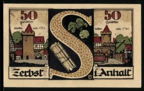 Notgeld Zerbst i. Anhalt 1921, 50 Pfennig, Ortsansicht mit Türmen und Wappen