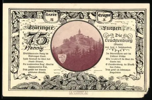 Notgeld Leuchtenburg /Saale 1921, 75 Pfennig, Burg Leuchtenburg, Wappen mit Löwe