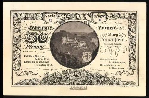 Notgeld Leuchtenburg / Saale 1921, 50 Pfennig, Burg Lauenstein und Wappen mit Landschaftsmotiv