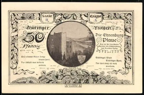 Notgeld Leuchtenburg / Saale 1921, 50 Pfennig, Ehrenburg Plau, Leuchtenburg mit Wappen