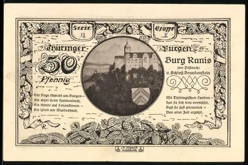 Notgeld Leuchtenburg 1921, 50 Pfennig, Burg Ranis und Wappen der Leuchtenburg