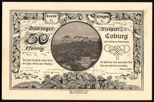 Notgeld Leuchtenburg / Saale 1921, 50 Pfennig, Luther-Zitat und Thüringer Wappen mit Leuchtenburg