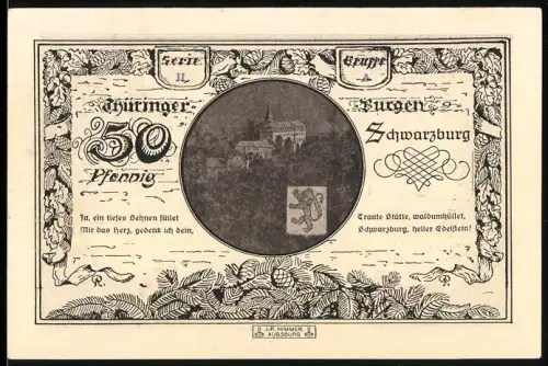 Notgeld Leuchtenburg / Saale 1921, 50 Pfennig, Burgansicht und Wappen mit Löwe