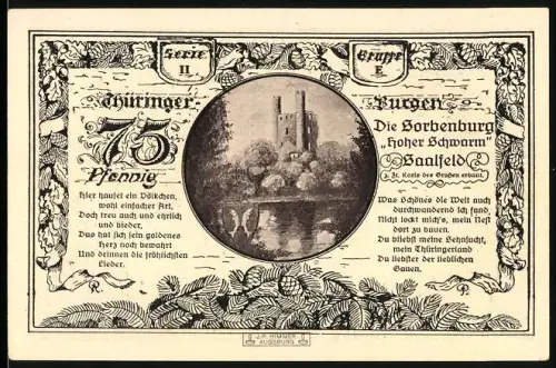 Notgeld Leuchtenburg / Saale 1921, 75 Pfennig, Sorbenburg-Motiv mit Wappen und Landschaftsansicht