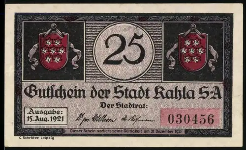 Notgeld Kahla 1921, 25 Pfennig, Tanzende Dorfbewohner und Landschaft mit Burg, Wappen der Stadt Kahla